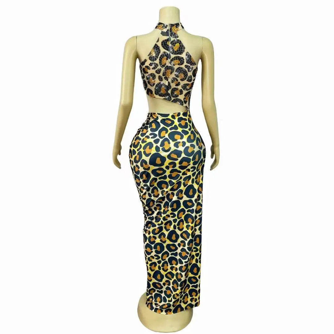 Leopard Print Rhinestones High Split Bodycon Dress Evening Party Stage Performance Outfit