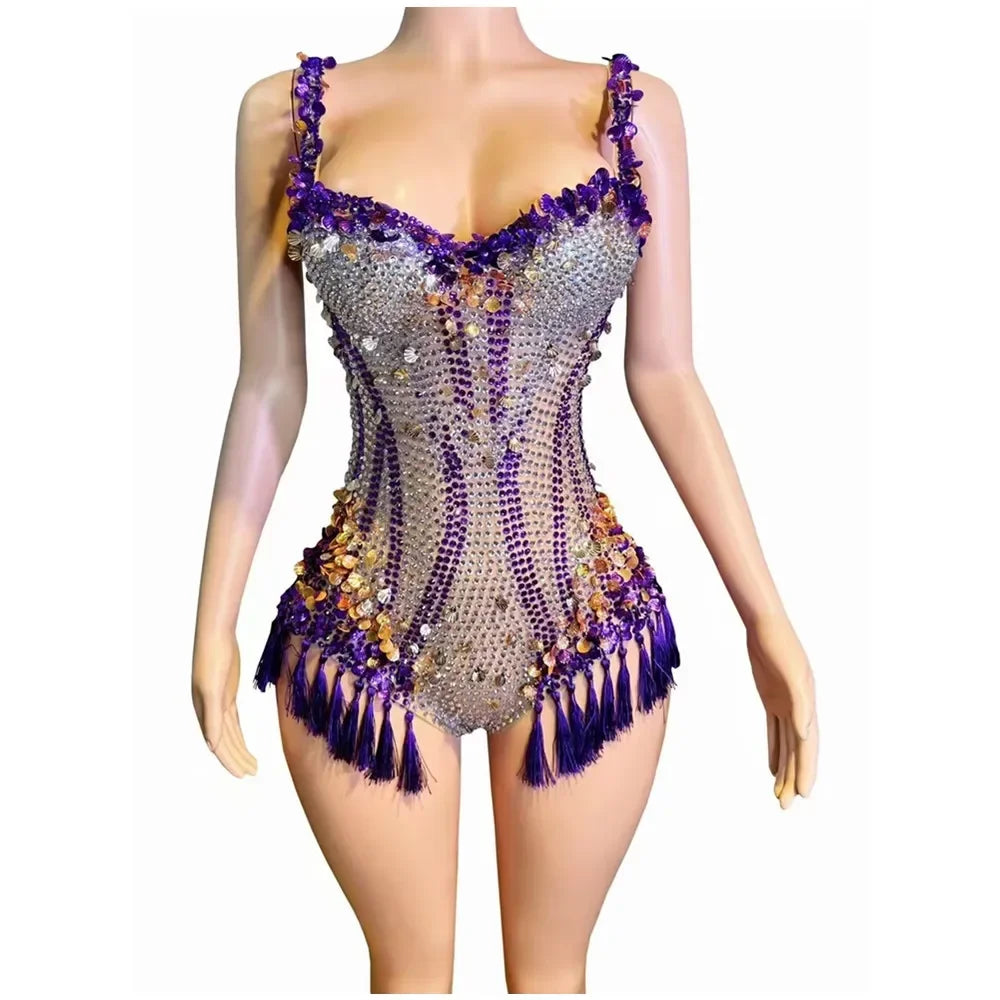 Sparkly Rhinestone & Tassel Fringe Bodysuit Stage Performance Costume