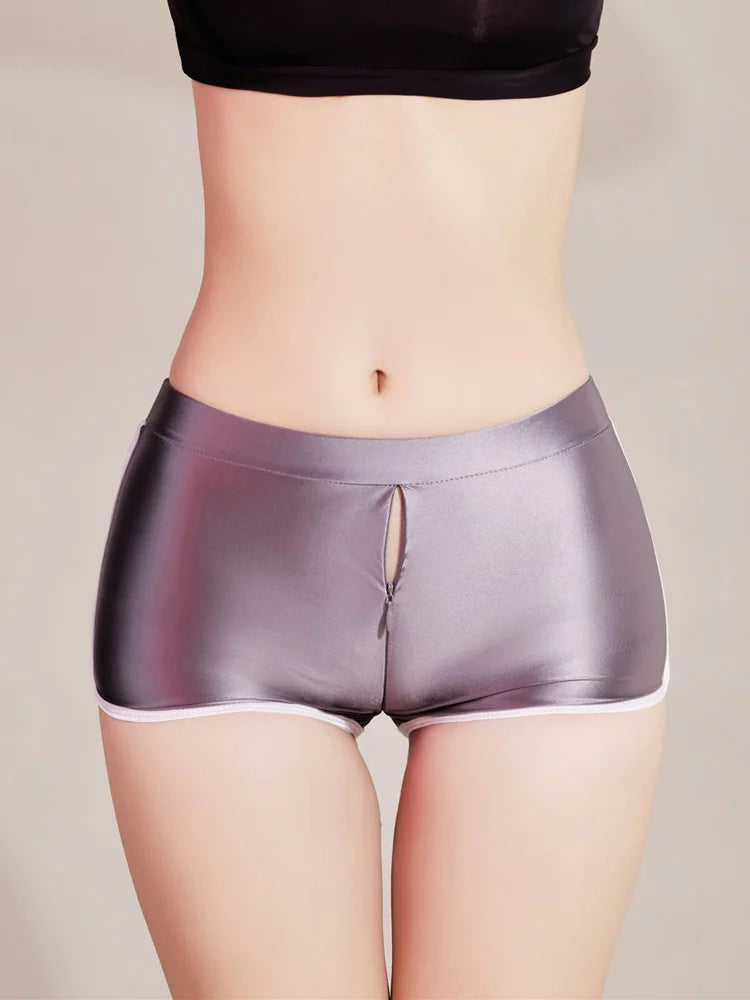 Sexy Women Zipper Open Crotch Yoga Elasitc Shorts Stain Smooth Oil Glossy Shiny Tight Casual See Through Beachwear Fitness Short