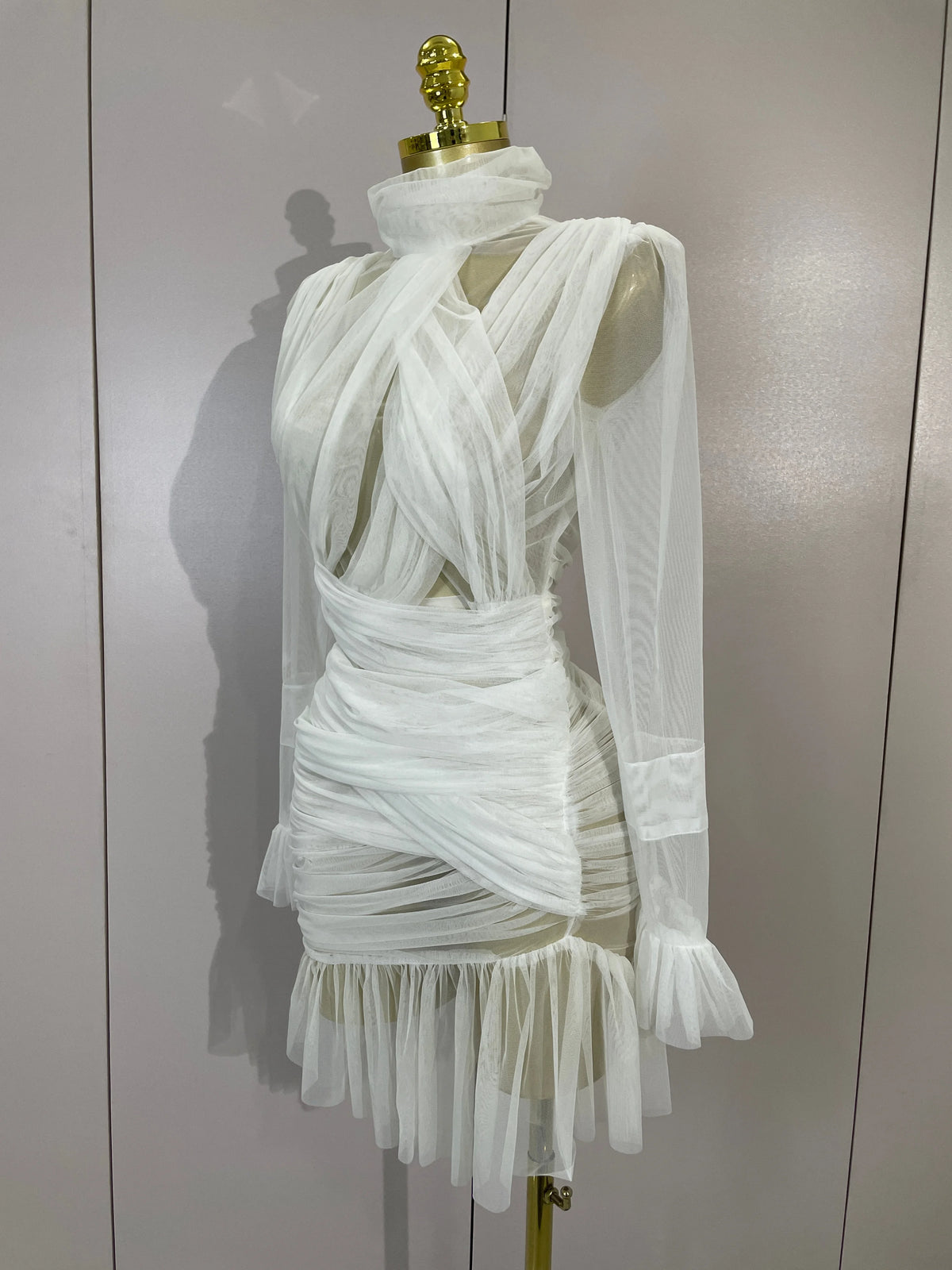 White High Collar Long Sleeve Solid Mesh Sexy See Through Ruffle Mini Dress