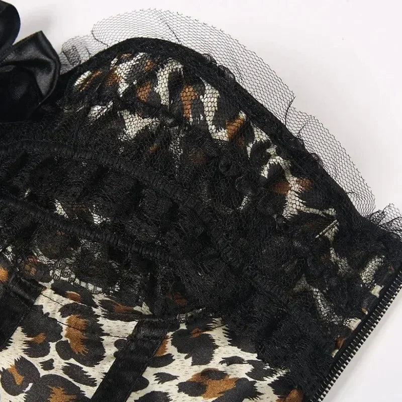 Leopard Satin Overbust Corset Lace Bowknot Clubwear Showgirl Body Shaper