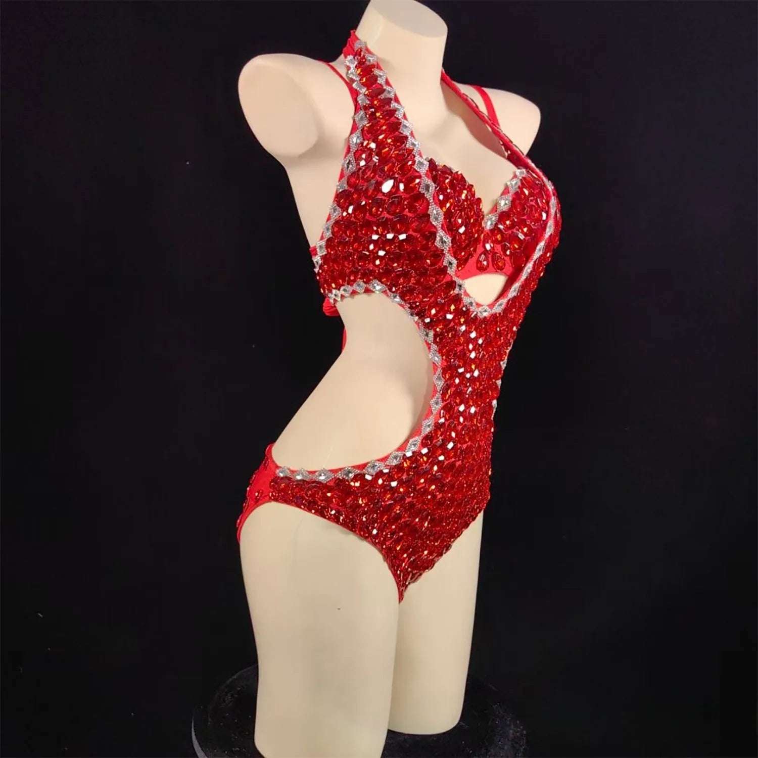 Luxury Rhinestone & Crystal Beaded Halter Bikini Stage Bodysuit