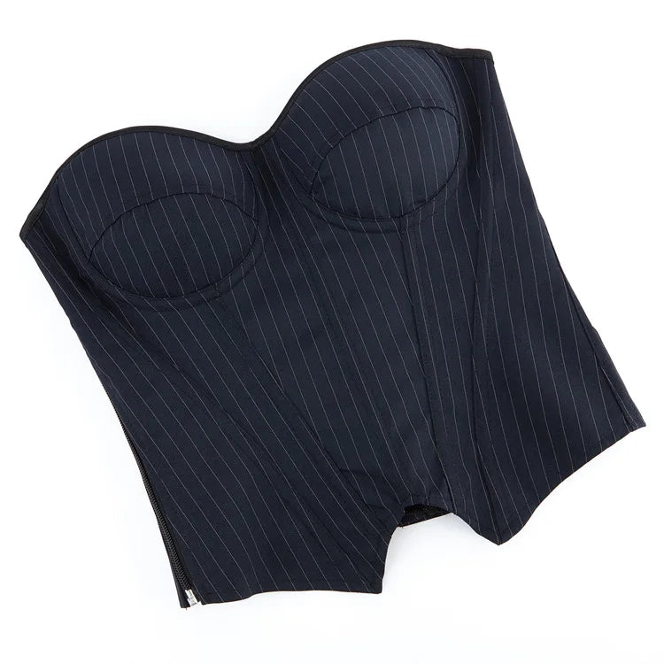 Black Striped Overbust Corset Top Zipper Front Lace-Up Bustier Body Shaper
