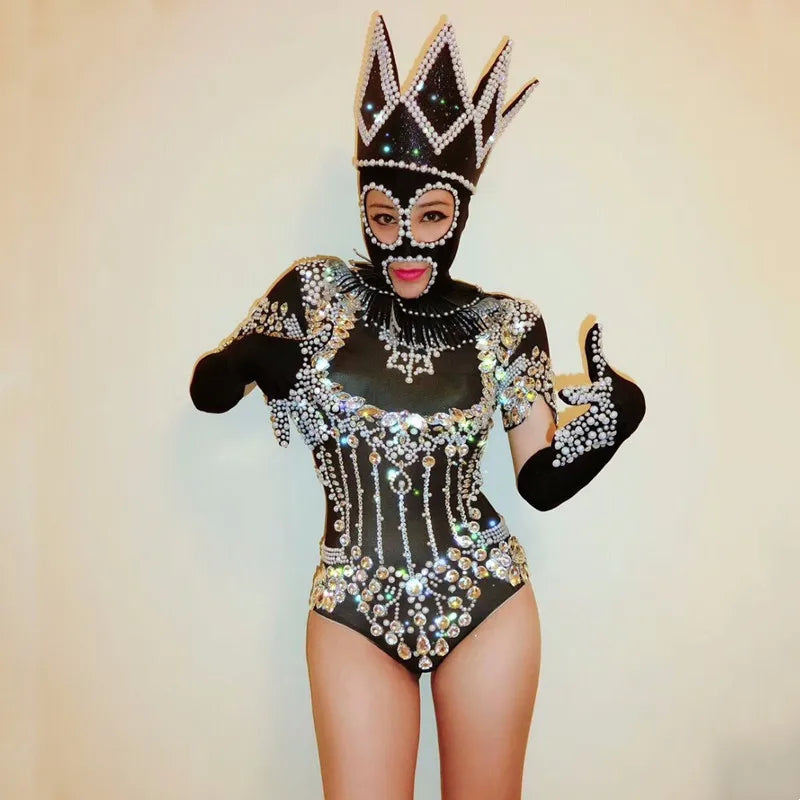 Pearl Rhinestone Bodysuit, Beaded Headpiece & Gloves 3-Piece Stage Costume Set