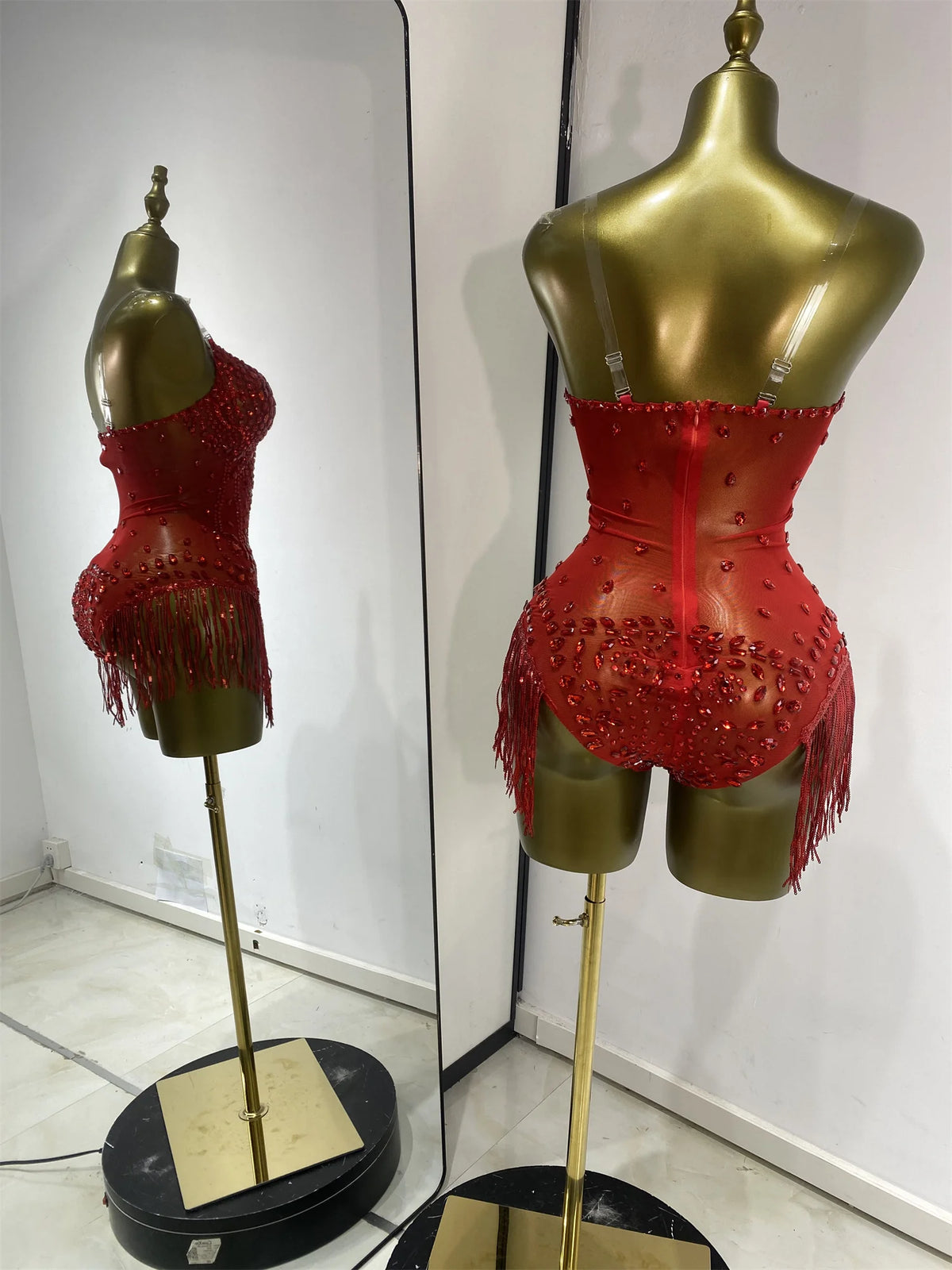 Vintage-Inspired Shiny Rhinestones Tassel Mesh Bodysuit Costume Set