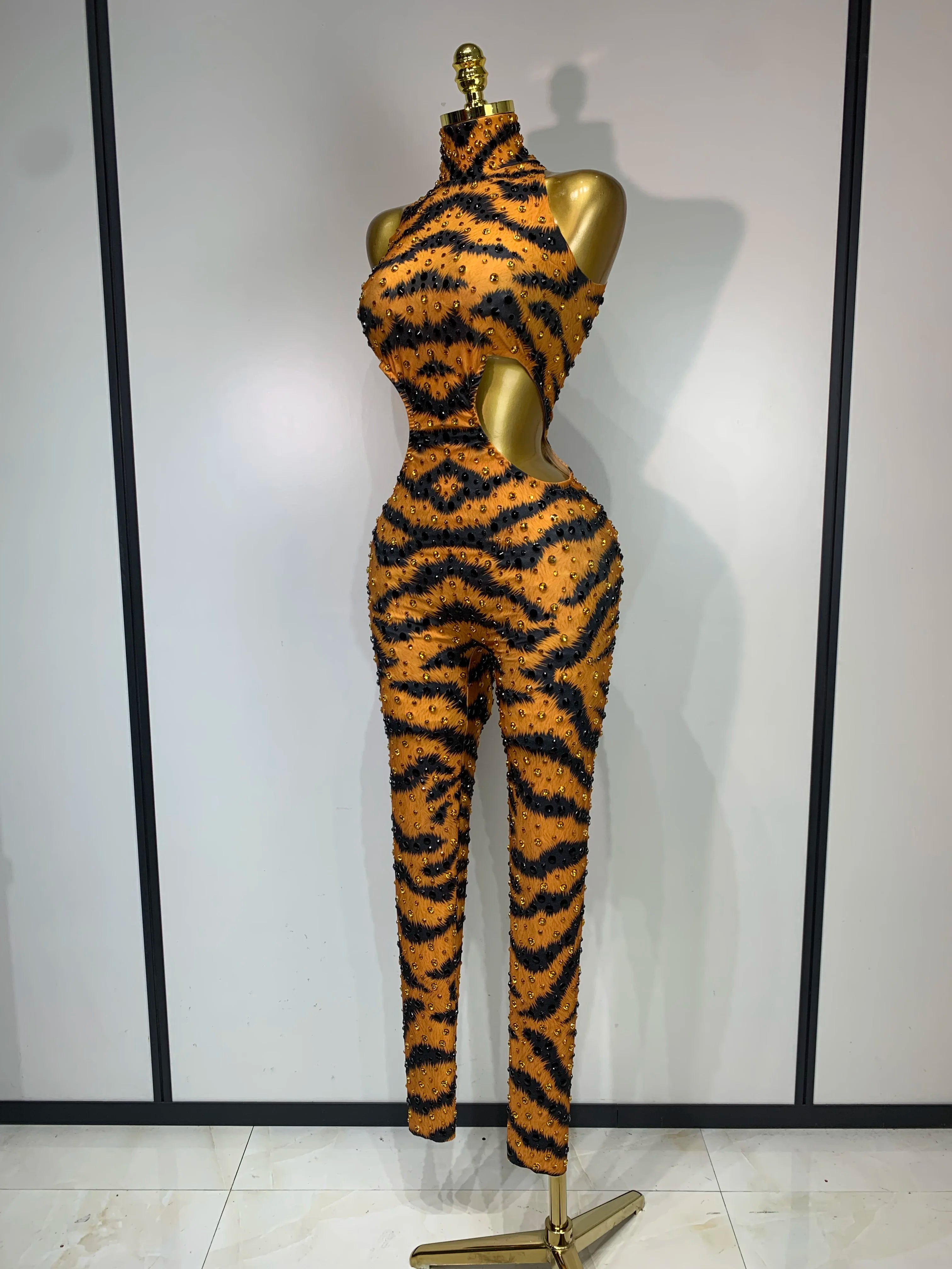 Tiger Print Rhinestone Catsuit Illusion Mesh Long-Sleeve Jumpsuit Stage Performance Costume