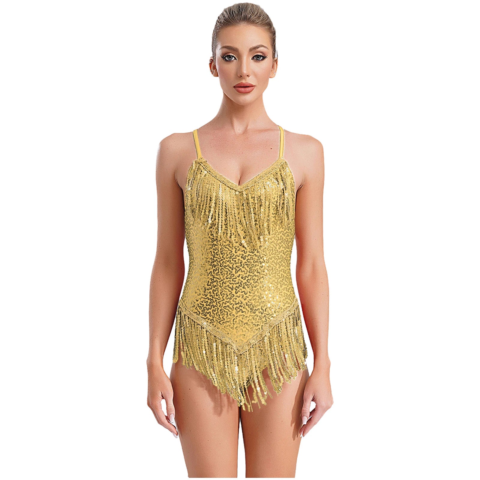 Sequins Fringed Cross Back Latin Dance Leotard Sleeveless V-Neck Bodysuit