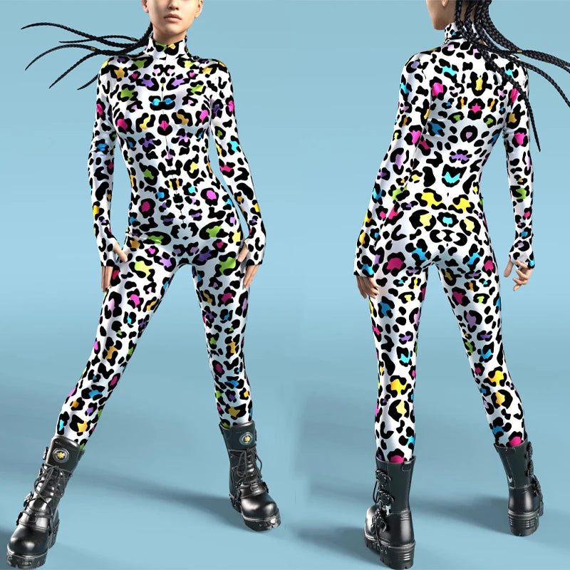 Rainbow Dalmatian Spot Print Zip Catsuit Colorful Spotted Cosplay Stage Jumpsuit