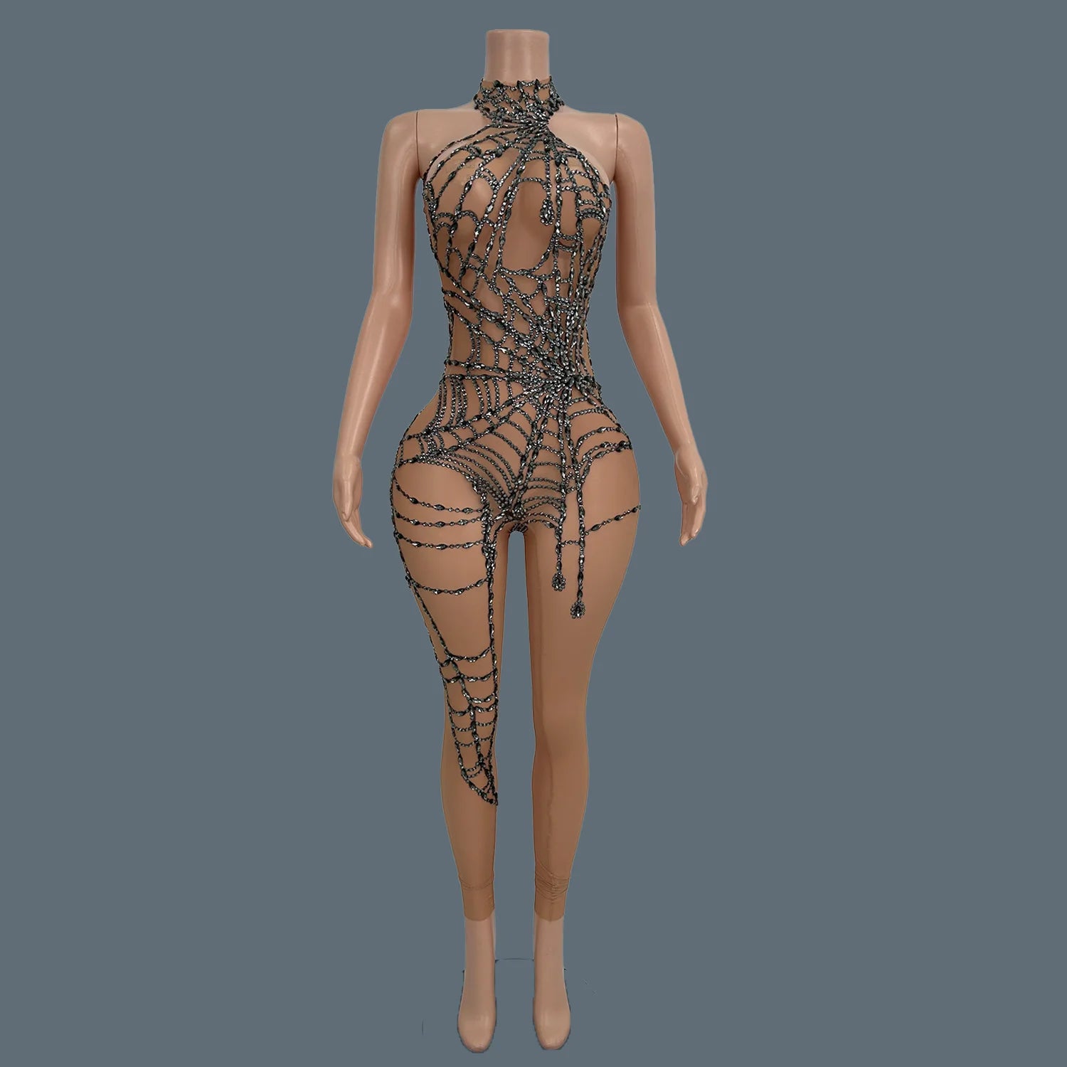 Sparkly Silver Rhinestone Spider Web Mesh Stage Performance Costume Set