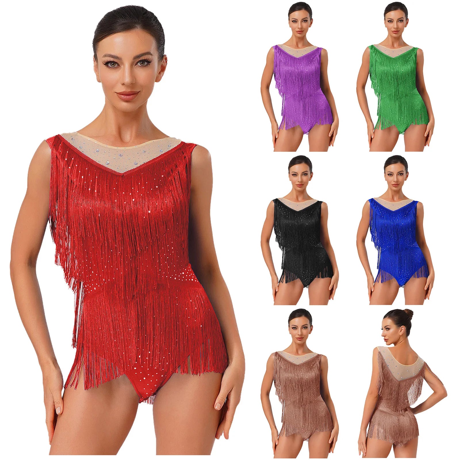Sparkly Rhinestone & Tassel Fringe Latin Dance Leotard Crew Neck Bodysuit