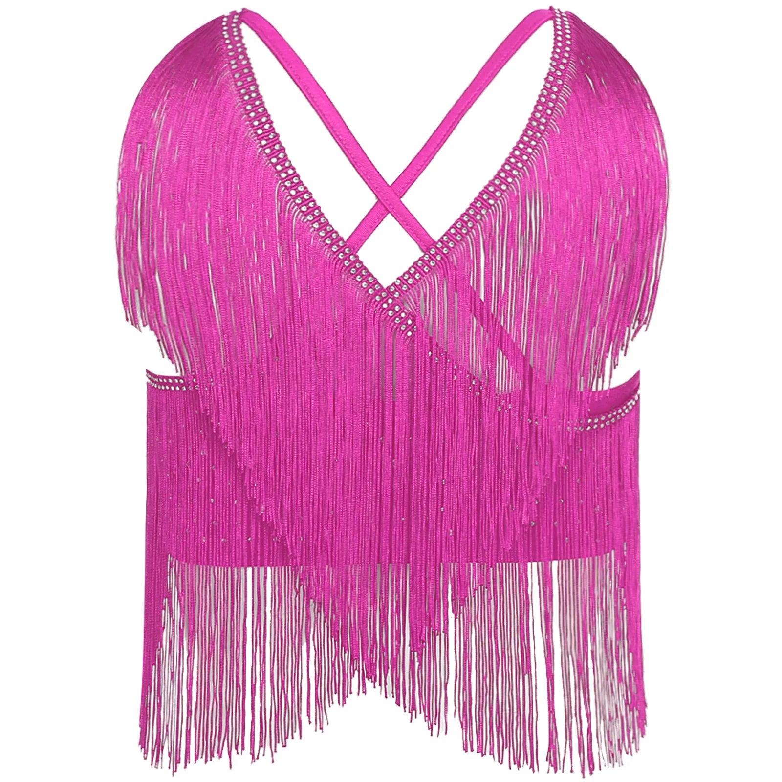 V-Neck Crisscross Back Tassel Fringe Crop Top Latin Salsa Dance Costume
