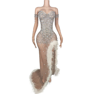 Beige Rhinestone Crystal Floor-Length Illusion Gown & Gloves Stage Costume Set
