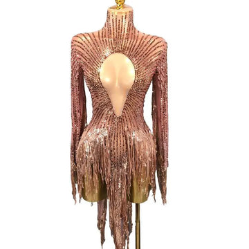 Gold Crystal Fringe Illusion Mini Dress Sparkly Rhinestone Stage Dance Costume