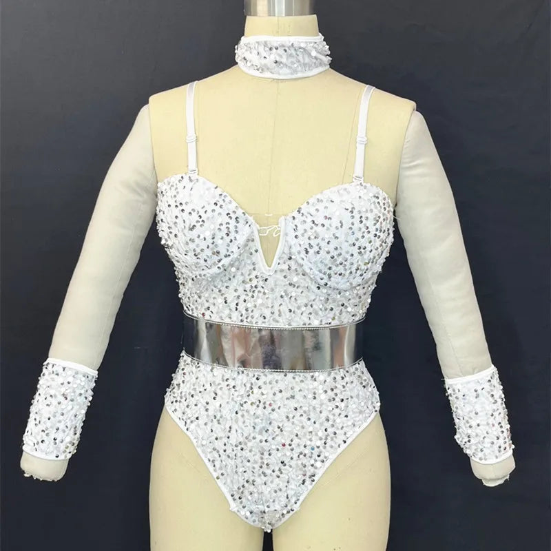 Sequined Rhinestone Bodysuit & Gogo Dance Performance Outfit