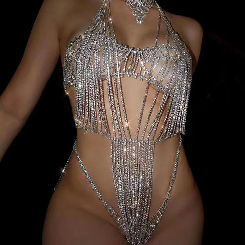 Dazzling Multilayer Fringed Body Chain & Jumpsuit Bikini Set