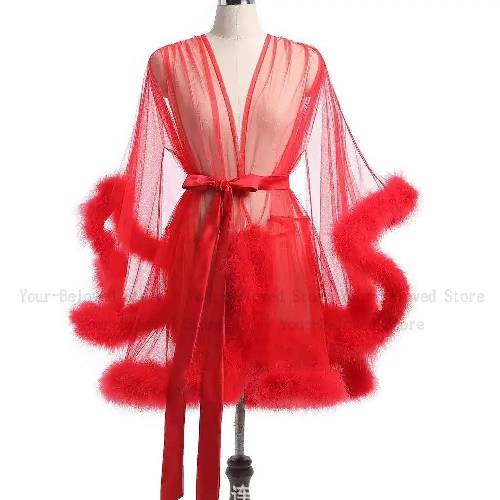 Sheer Mesh & Plush Feather Trim Long Sleeve Robe Lingerie Stage Costume