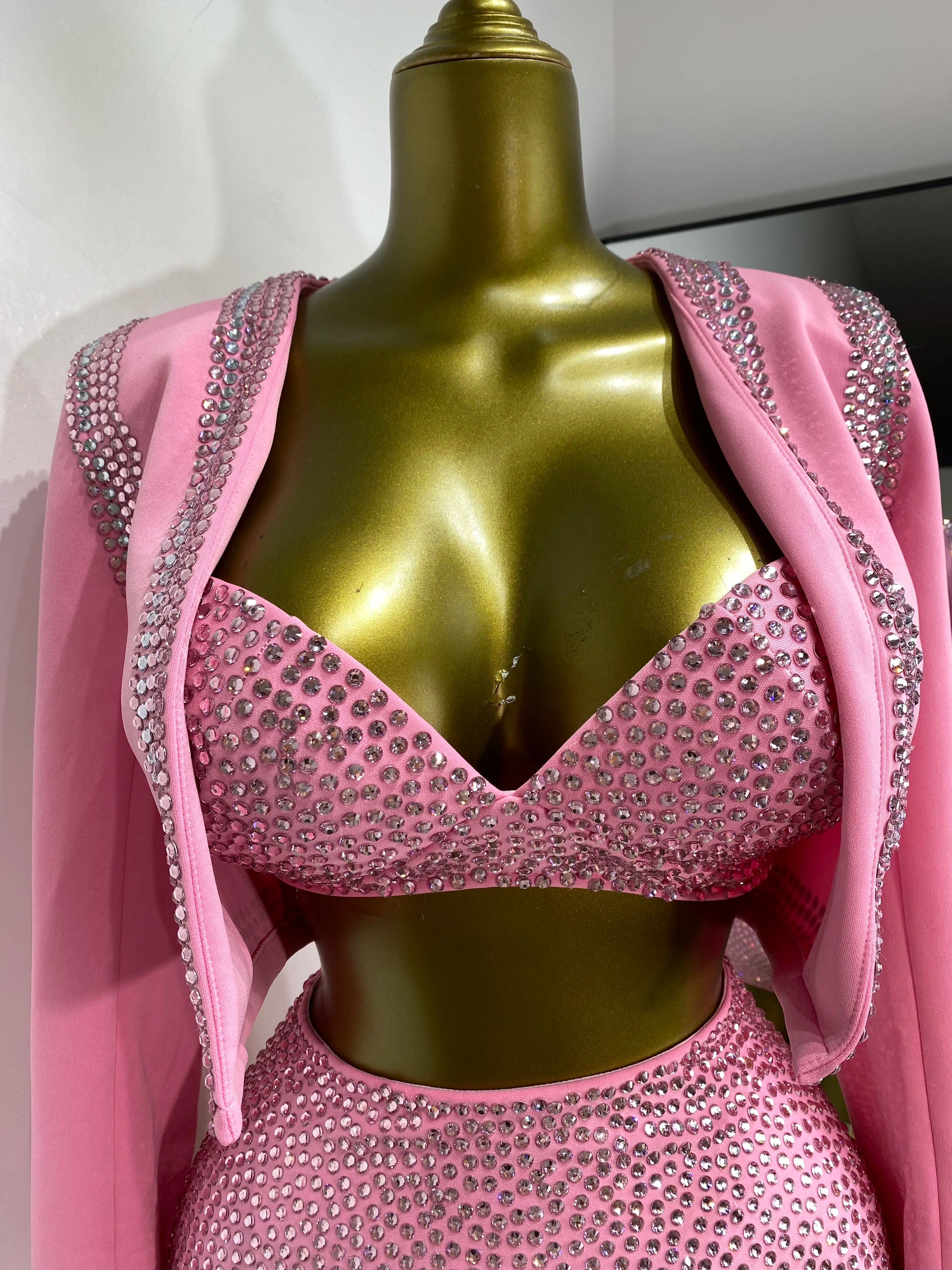 Rhinestone Bustier, High-Waist Mini Shorts & Cropped Jacket 3-Piece Performance Costume Set