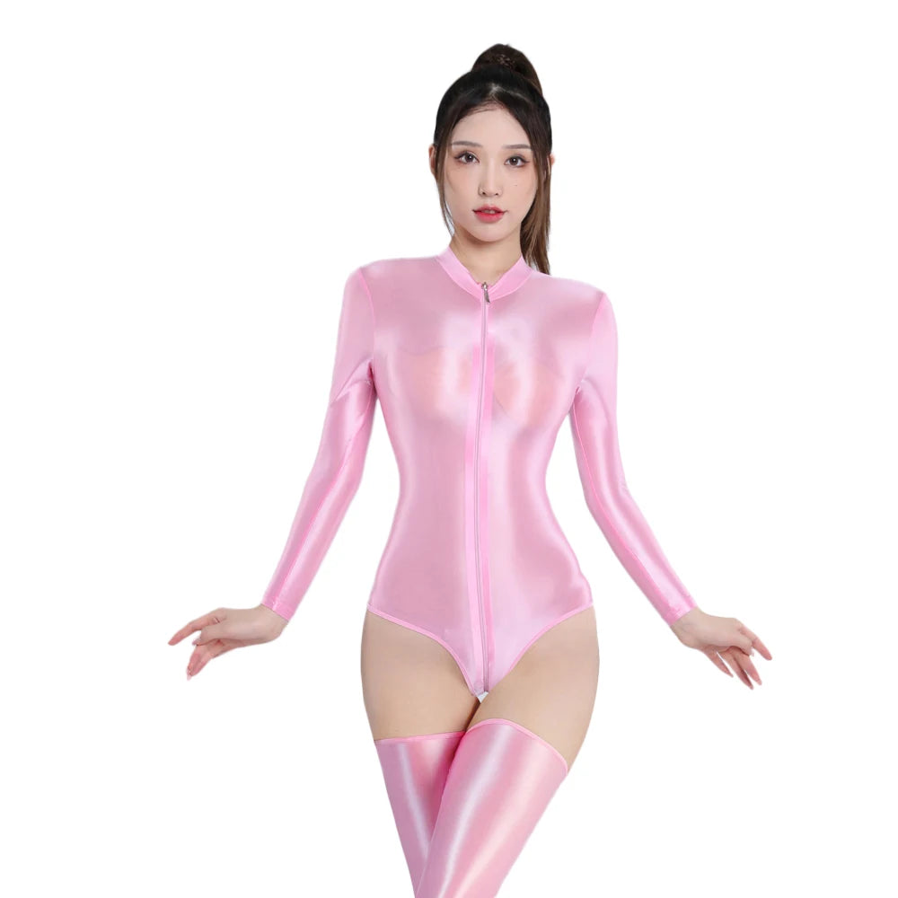 Zipper Open Crotch High Cut Oil Glossy Bodysuit Satin Sheer Maid Leotard