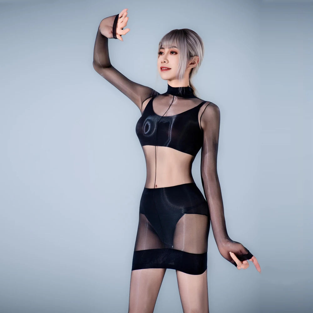 Sexy Women Oil Glossy Shiny Micro Mini Dress Bodycon Tights 1D Thin 640 Pin Maid Dress Sheer See Through Elastic Leotard Dress