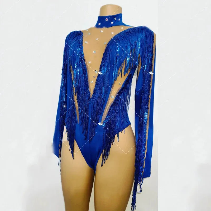 Blue Crystal Sequins Tassel Bodysuit Stage Performance Costume