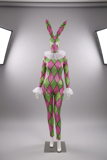 Futuristic Geometric Rhinestone Bunny Bodysuit – Luxury Showgirl Stage Costume & Exotic Festival Leotard with Statement Collar