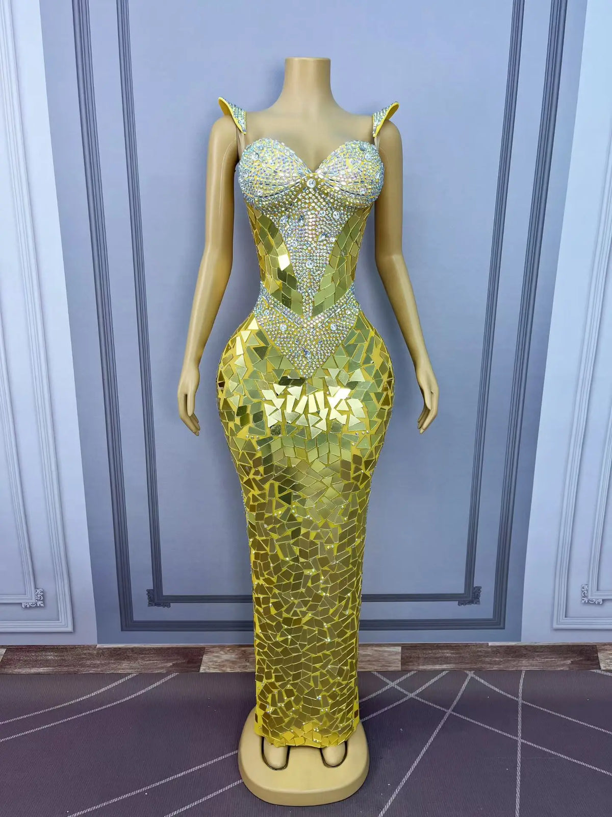 Women's Red & Gold Rhinestone Mirror Suspender Dress | Sparkly Elegant Gown for Red Carpet & Stage