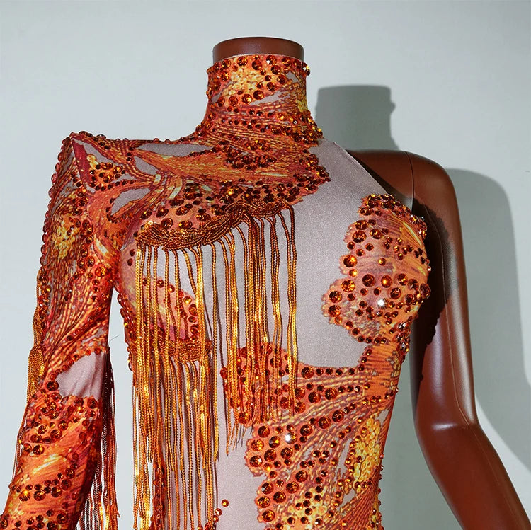 Leopard Sequin Fringe Asymmetrical Bodysuit One-Sleeve Stage Performance Costume