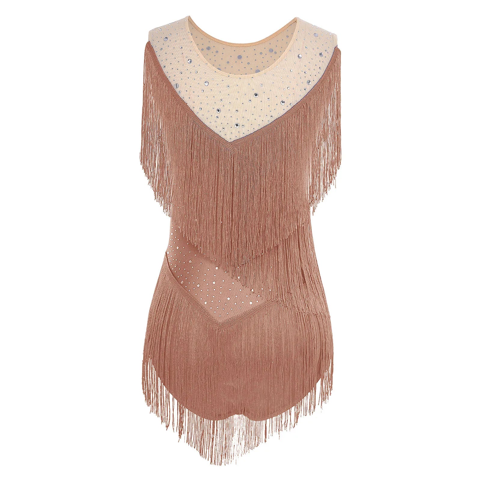 Sparkly Rhinestone & Tassel Fringe Latin Dance Leotard Crew Neck Bodysuit