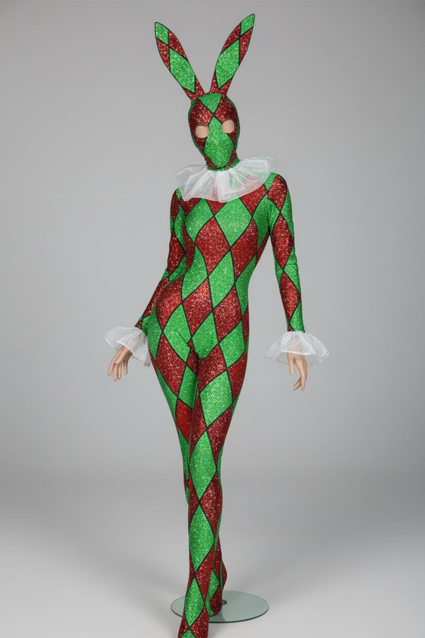 Futuristic Geometric Rhinestone Bunny Bodysuit – Luxury Showgirl Stage Costume & Exotic Festival Leotard with Statement Collar
