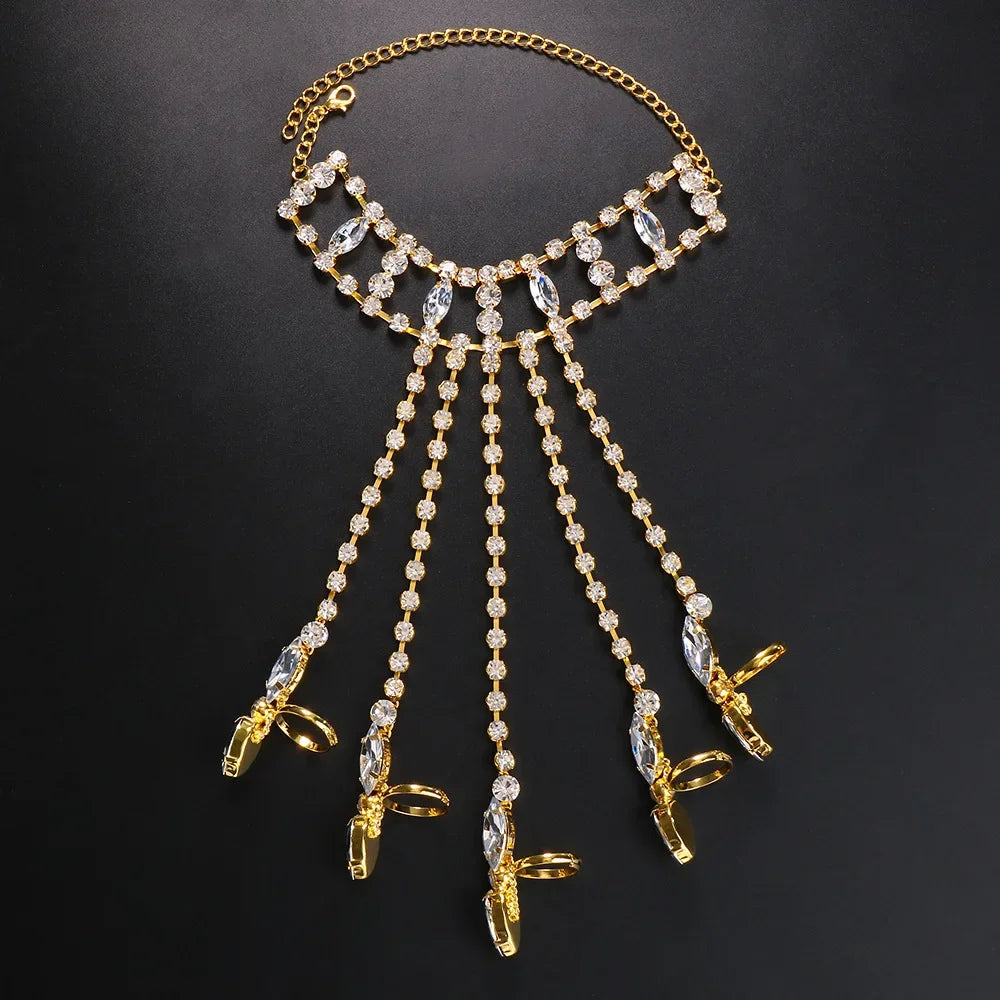 Sparkly Glass Crystal Five-Finger Bracelet Hand Harness Stage Performance Jewelry