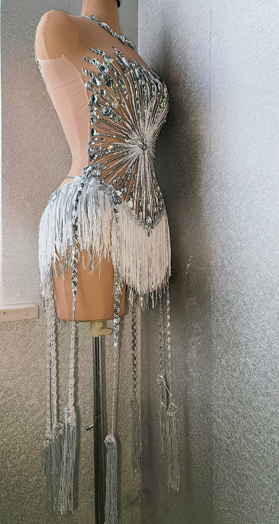 Sparkly Silver Rhinestone & Long Tassel Fringe Leotard Stage Performance Costume