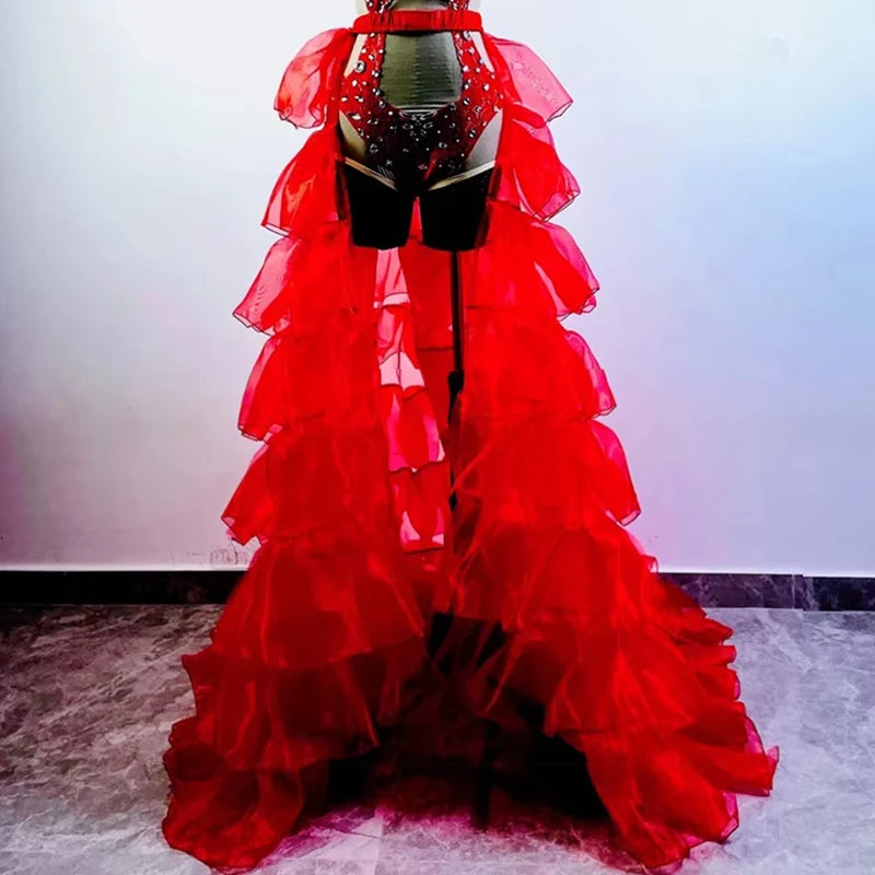 Hollow-Out Rhinestone Bodysuit & Feathered Layered Skirt Carnival Costume Set