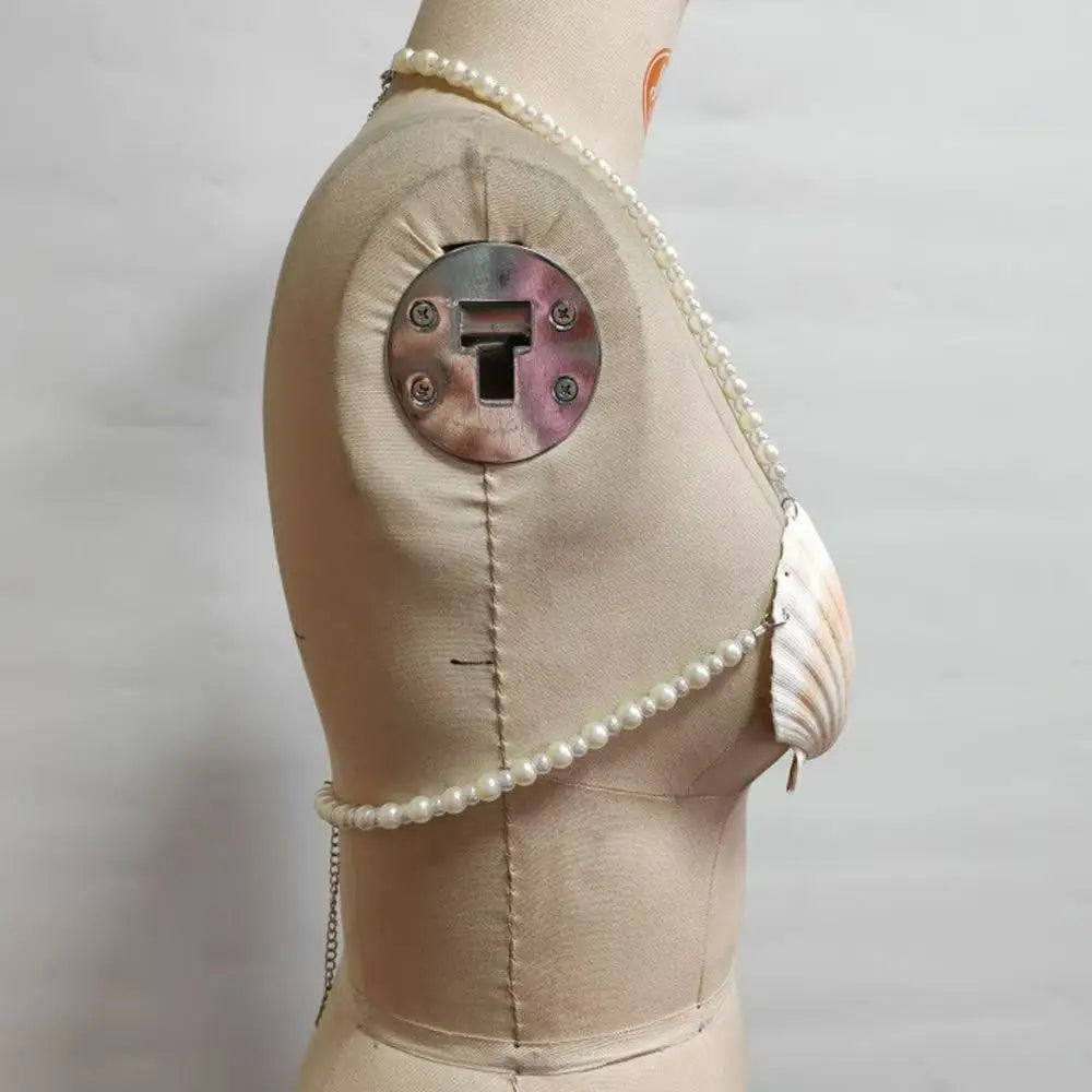 Shell-Look Bra Top with Imitation Pearls