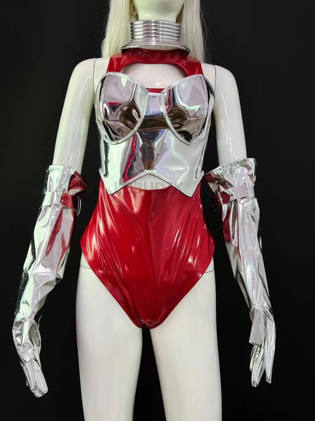 Crimson Red & Laser Silver Foil Bodysuit, Gloves & Beret Hat Stage Dance Costume Set