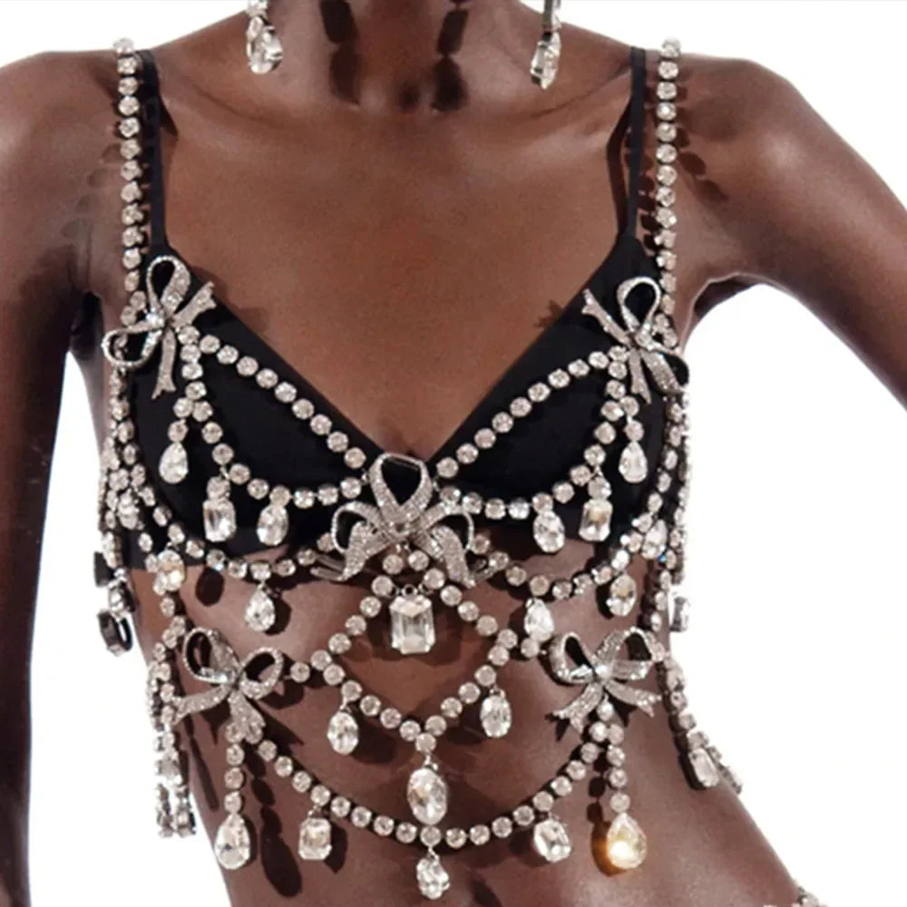 Oversized Glass Crystal Chest Chain Lingerie Vest Drag Queen Stage Body Jewelry