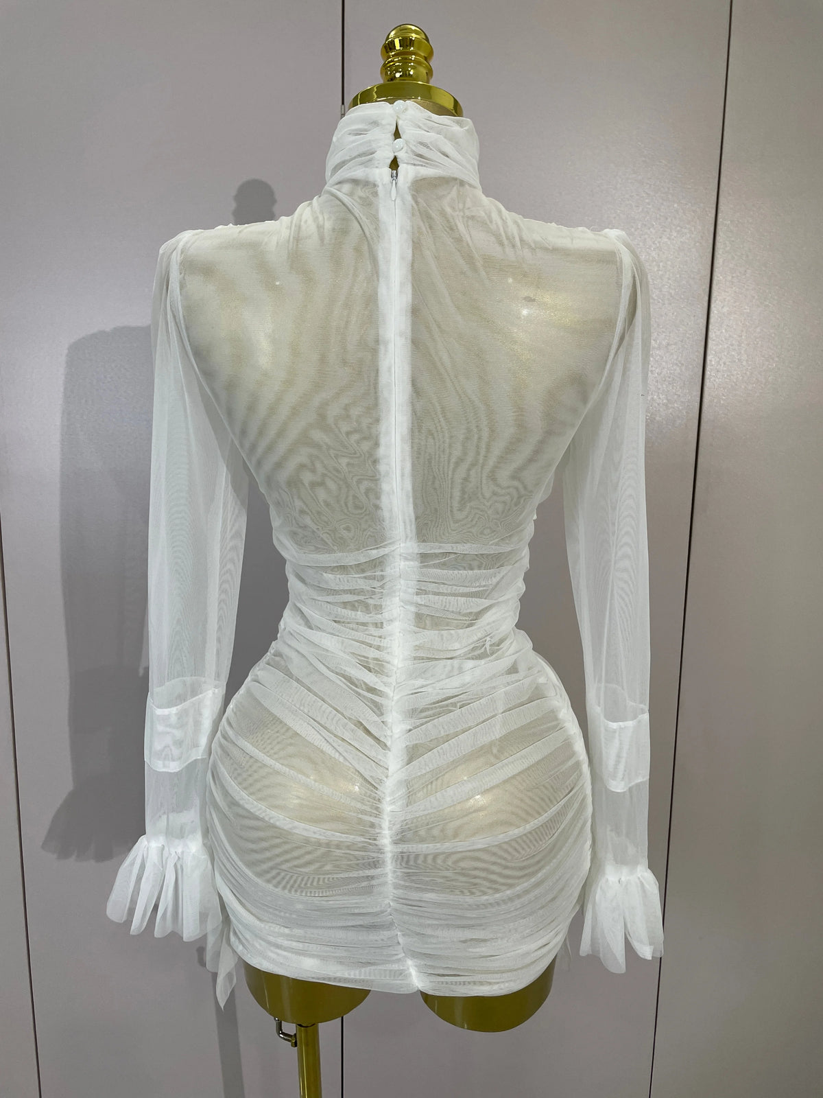 White High Collar Long Sleeve Solid Mesh Sexy See Through Ruffle Mini Dress