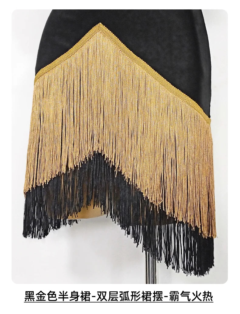 Black High-Neck Short-Sleeve Bodysuit & Gold Fringe Skirt Latin Dance Costume Set