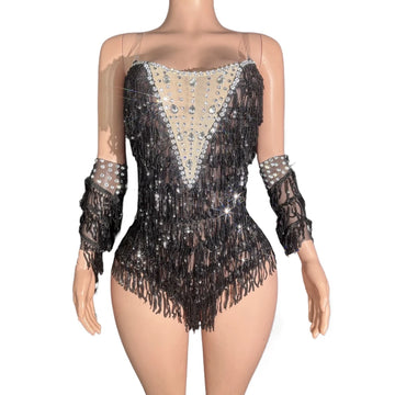 Sparkly Black Sequin & Rhinestone Tassel Bodysuit with Gloves Stage Costume