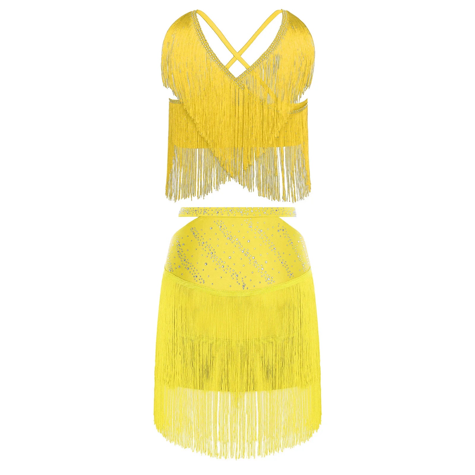 Sparkly Rhinestone & Tassel Fringe Two-Piece Latin Tango Dance Outfit Set