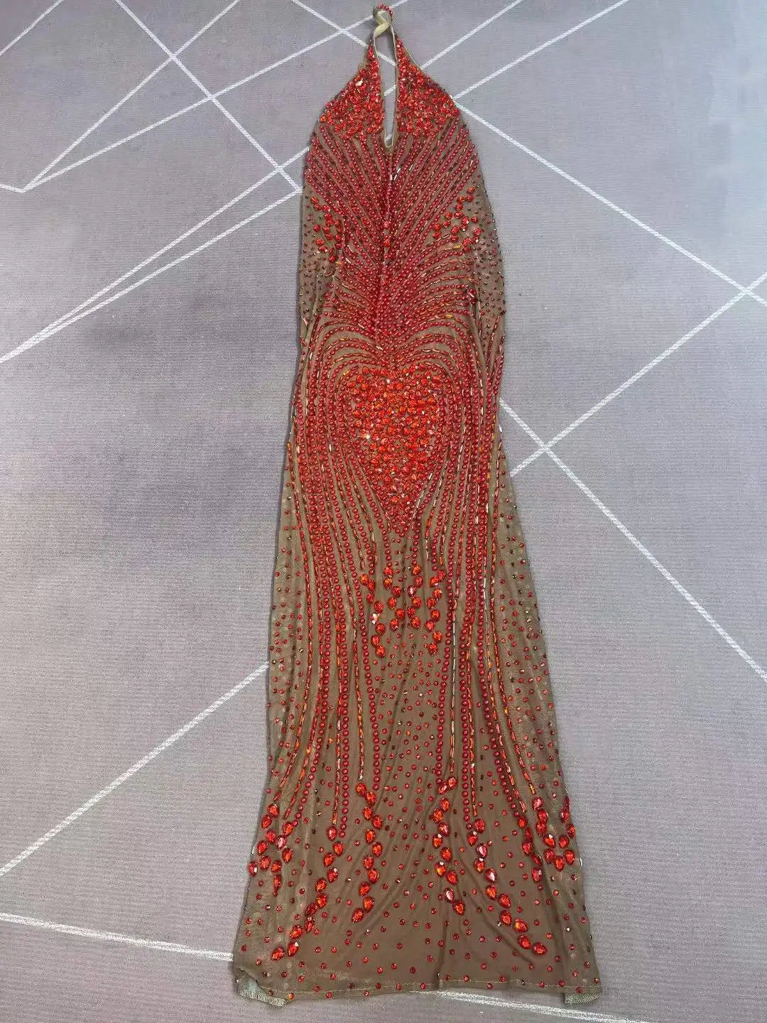 Women's Rhinestone Backless Halter Dress | Shining Red & Silver Gown for Wedding, Birthday & Stage
