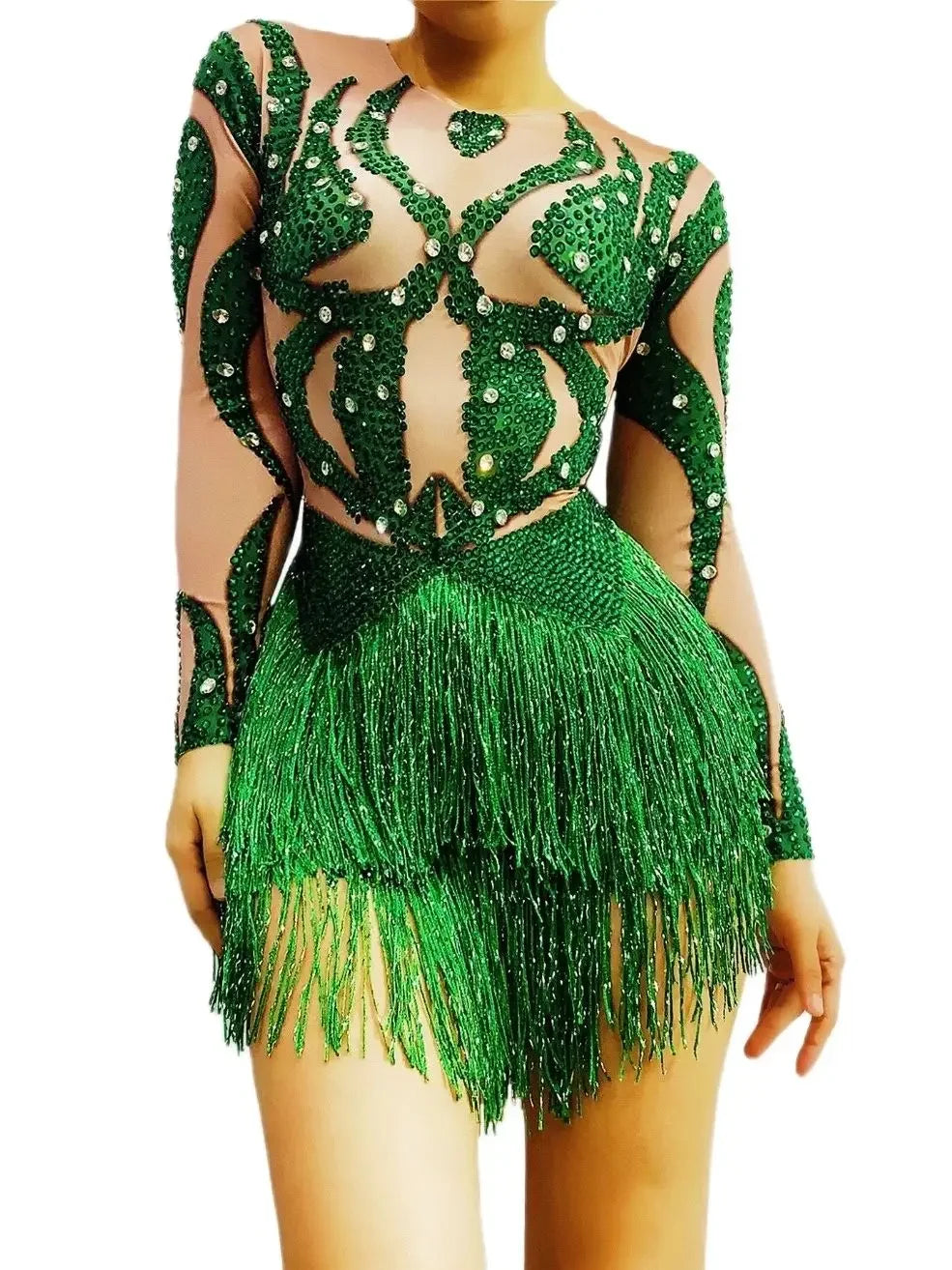 Green Rhinestone Fringe Long-Sleeve Bodysuit