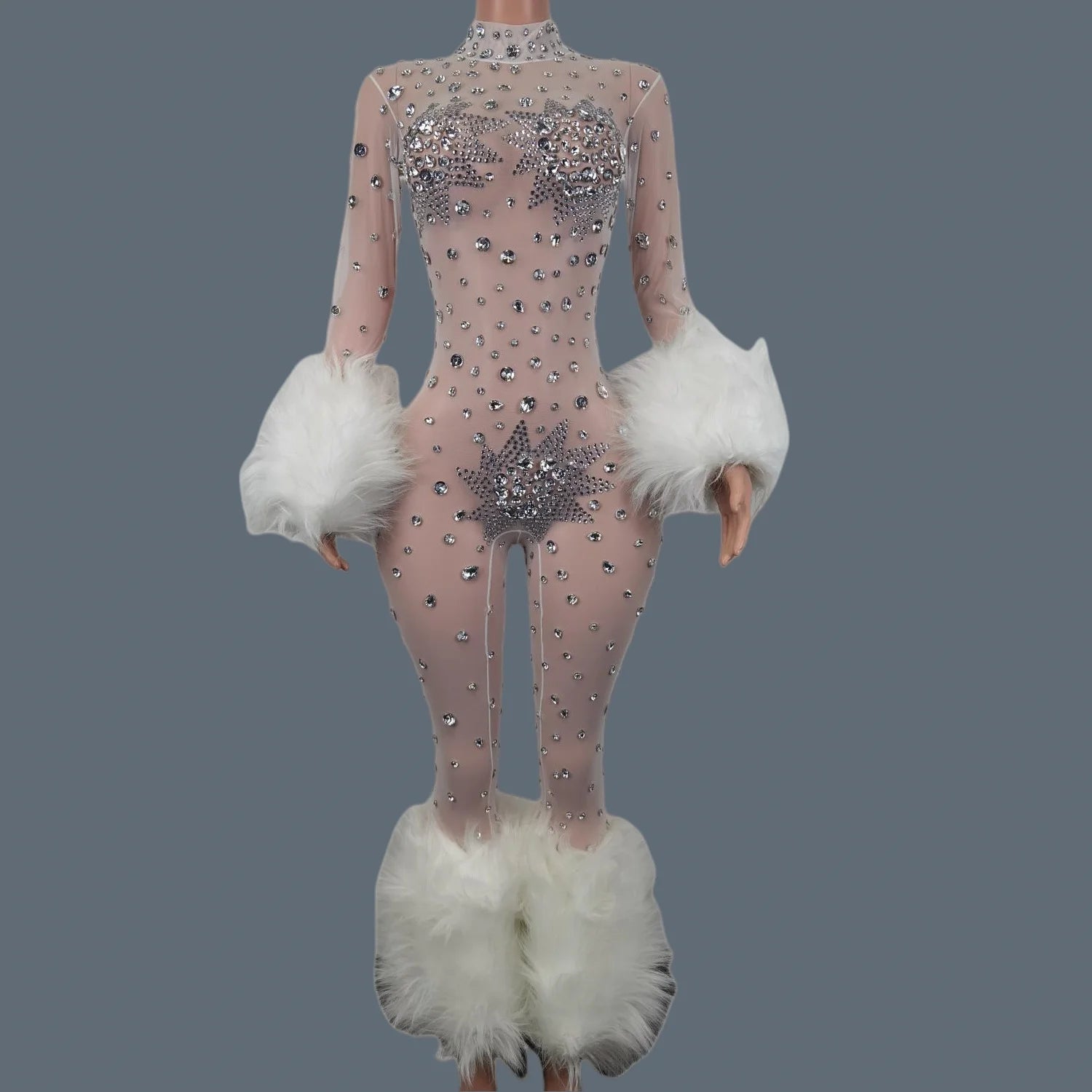 Sparkly Rhinestone & Feather Cuffed Jumpsuit Stage Performance Catsuit Costume