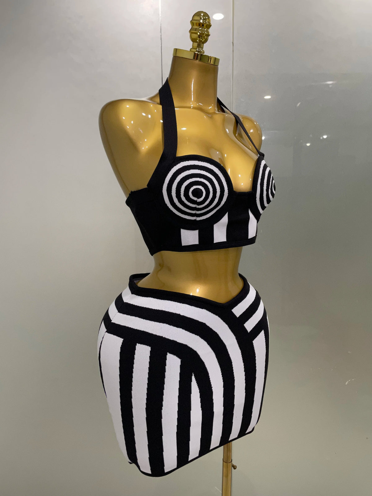 Black & White Striped Two-Piece Skirt Set