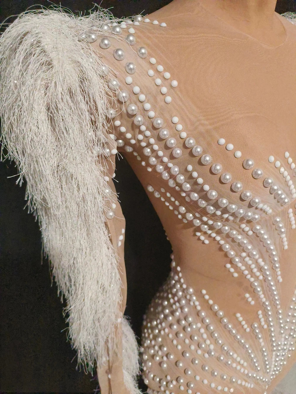 Sparkly Pearl Rhinestone Tassel Sleeve Mesh Jumpsuit Showgirl Stage Catsuit