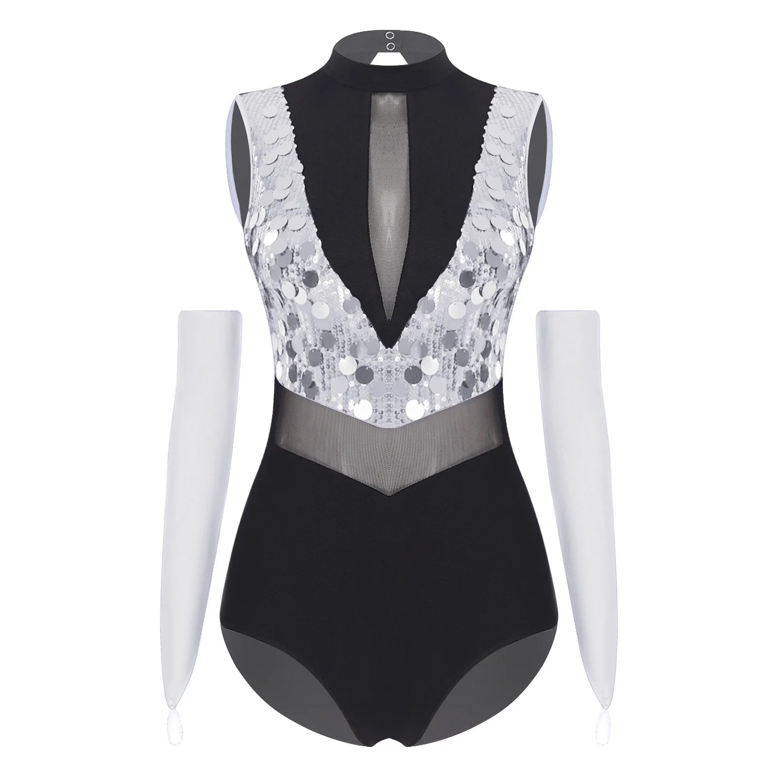 Sparkly Sequin Mock Neck Dance Leotard & Gloves Two-Piece Bodysuit Set