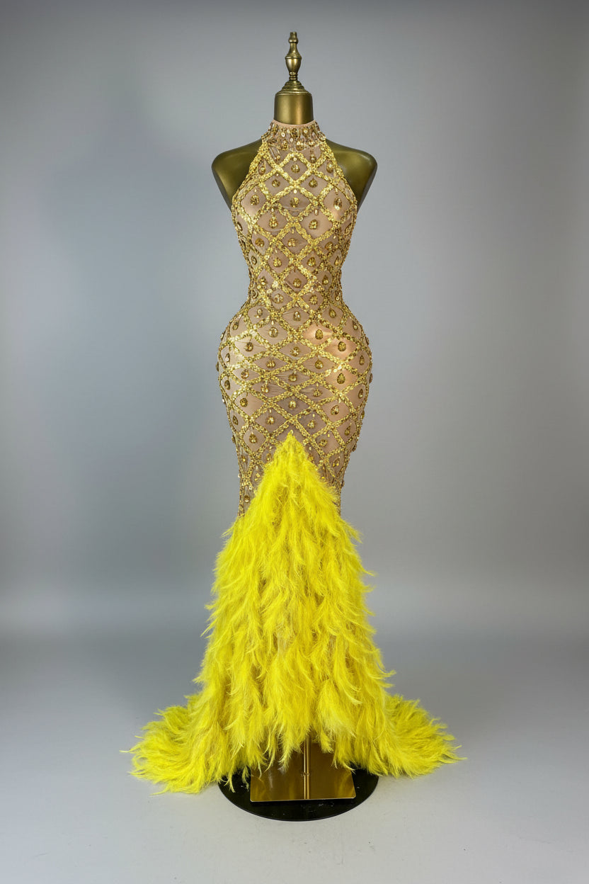 Luxury Rhinestone Crystal Turtleneck Gala Gown & Feather Hem Evening Maxi Dress