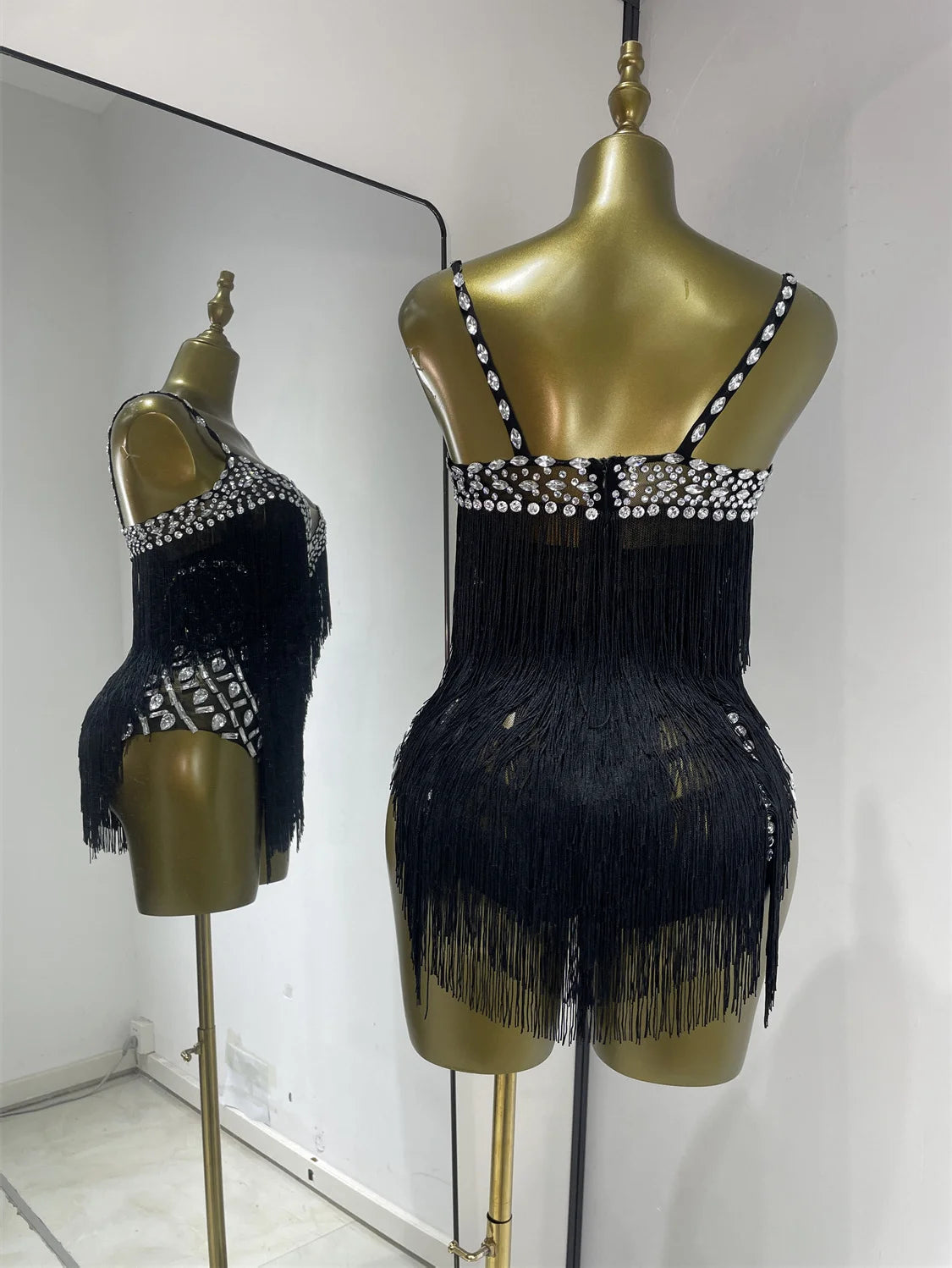 Women Black Bright Rhinestones Tassel Stretchy Mesh Thigh High Leotard Pole Dance Costumes Evening Party Club DJ Gogo Dress