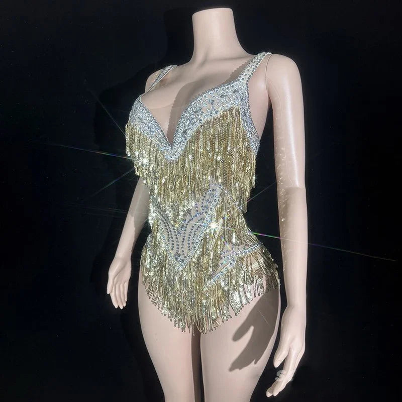 Gold Tassel Showgirl Bodysuit