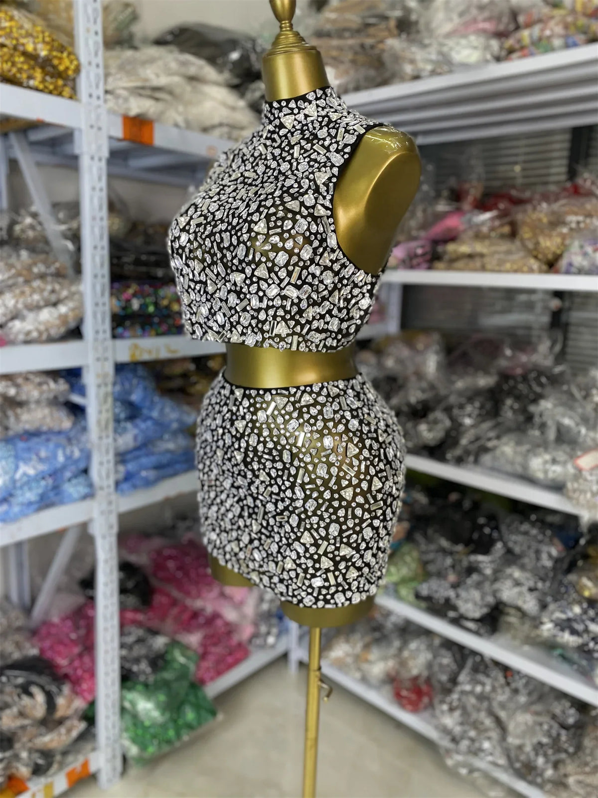 Vintage-Inspired Sparkly Rhinestones Two-Piece Backless Top And Mini Skirt Set