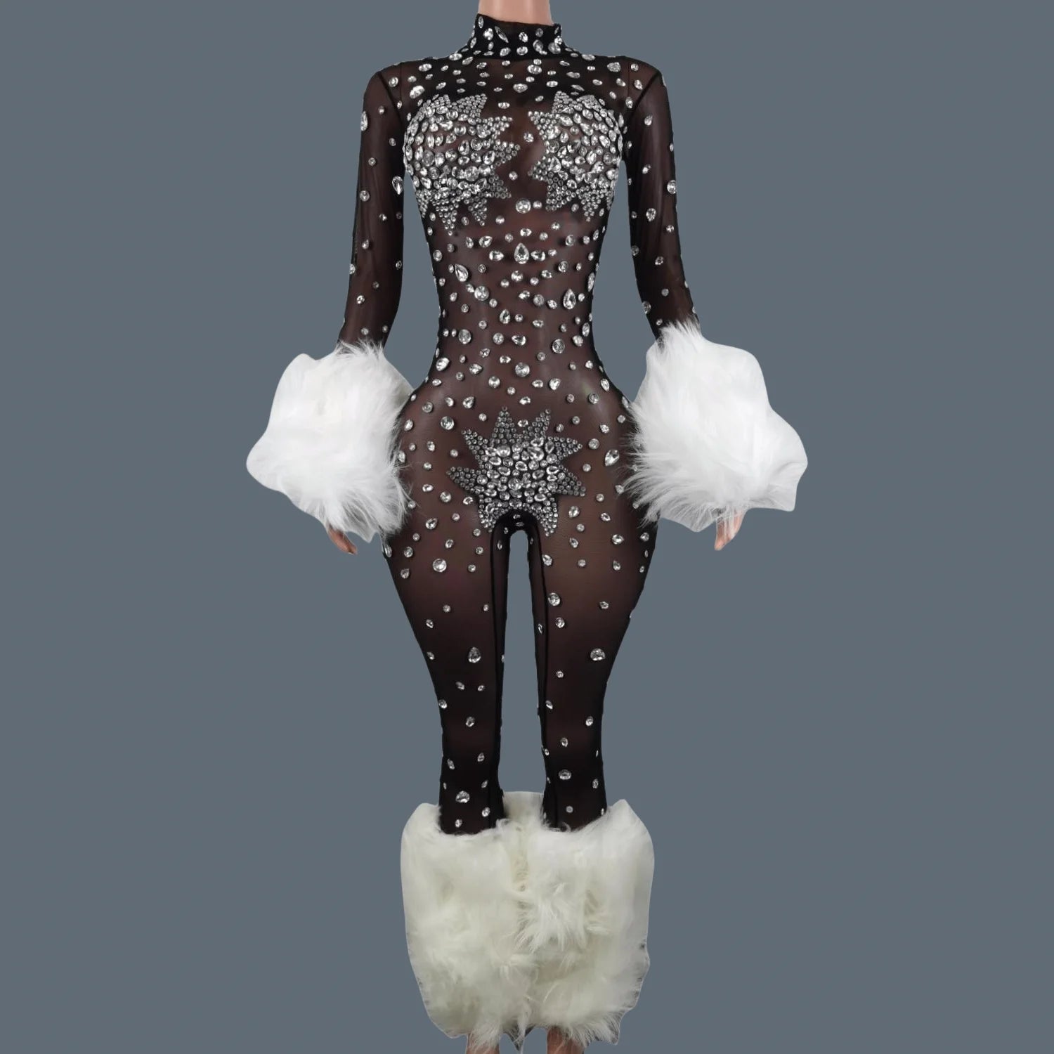 Sparkly Rhinestone & Feather Cuffed Jumpsuit Stage Performance Catsuit Costume